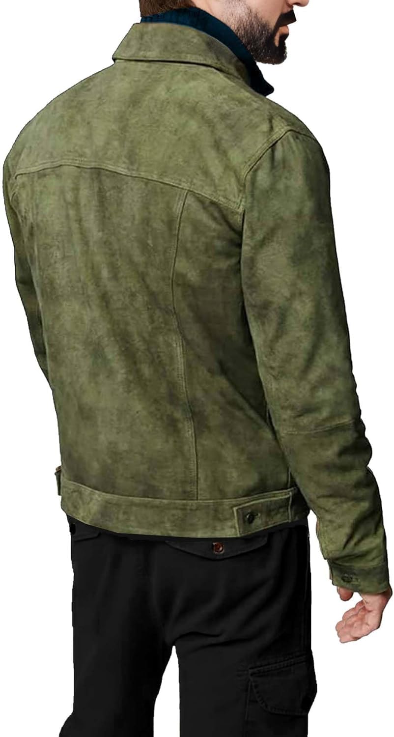 Men's Suede Leather Jacket Real Lambskin Suede Casual Leather Jackets For Men Suede Trucker Coat for Mens (US, Alpha, Large, Regular, Regular, Olive)