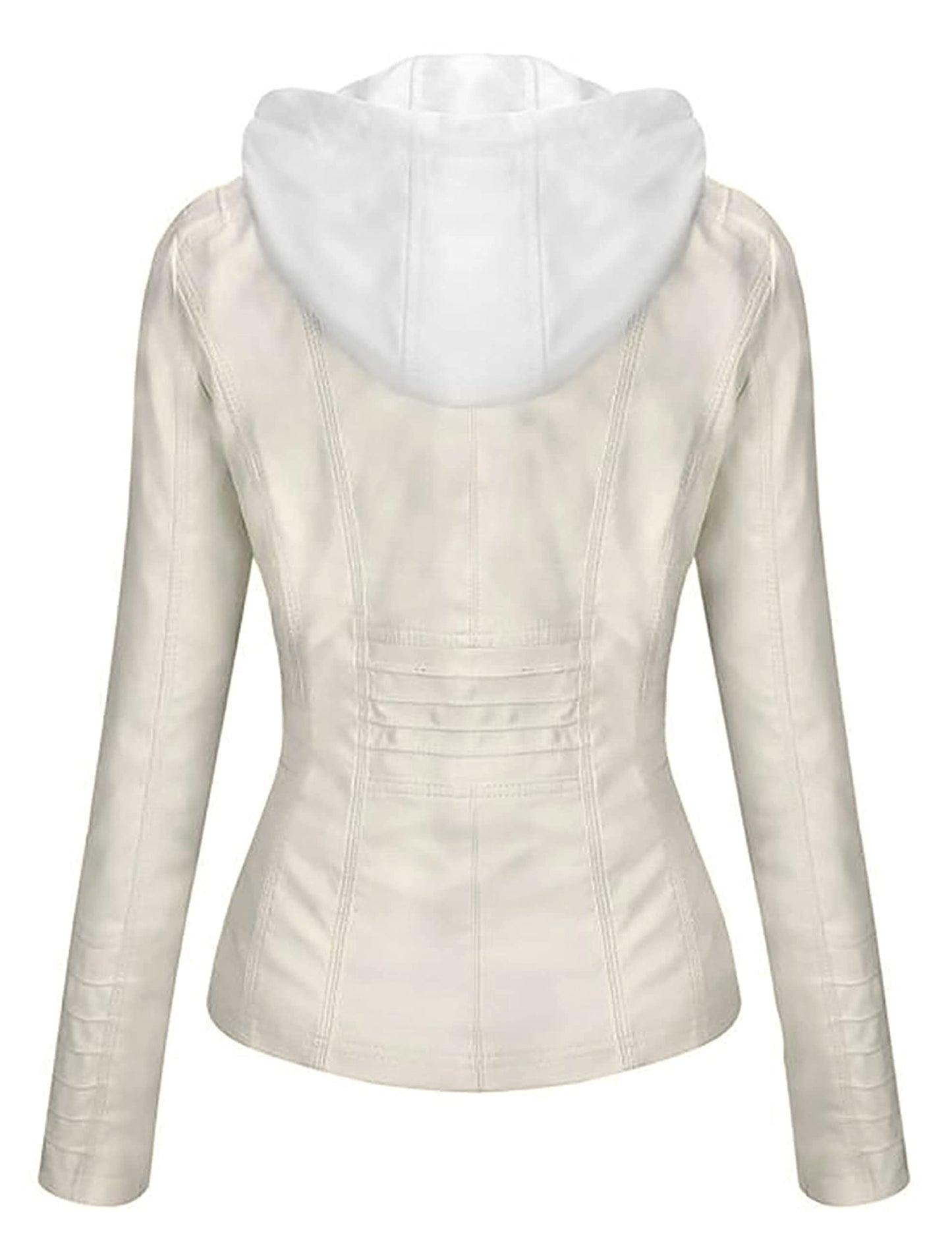 Springrain Women's Faux Leather Jacket Moto Biker Coat with Detachable Hood Motorcycle Jacket (Small, White)