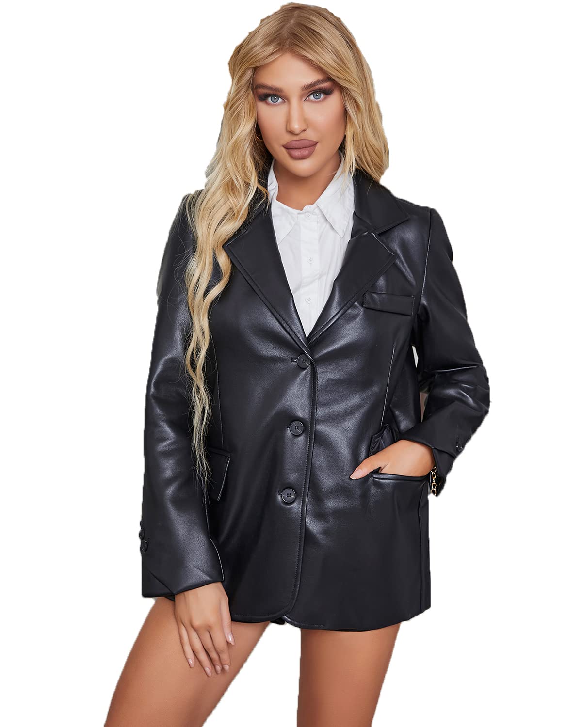 LY VAREY LIN Women Faux Leather Belted Shirt Jacket Lapel Blazer Coat with Bust Pocket