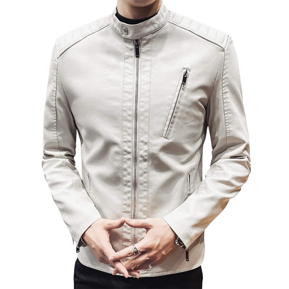 Womleys Mens Casual Stand Collar Slim Fit Faux Leather Jacket Biker Motorcycle Jacket (Ivory, X-Large)