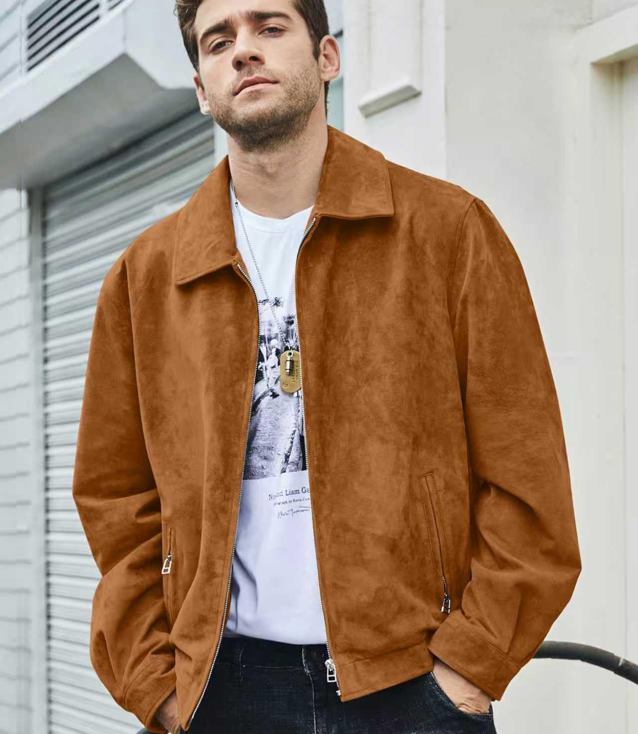 FLAVOR Men's Suede Leather Bomber Jacket Casual Coat for Men (Medium, Brown)