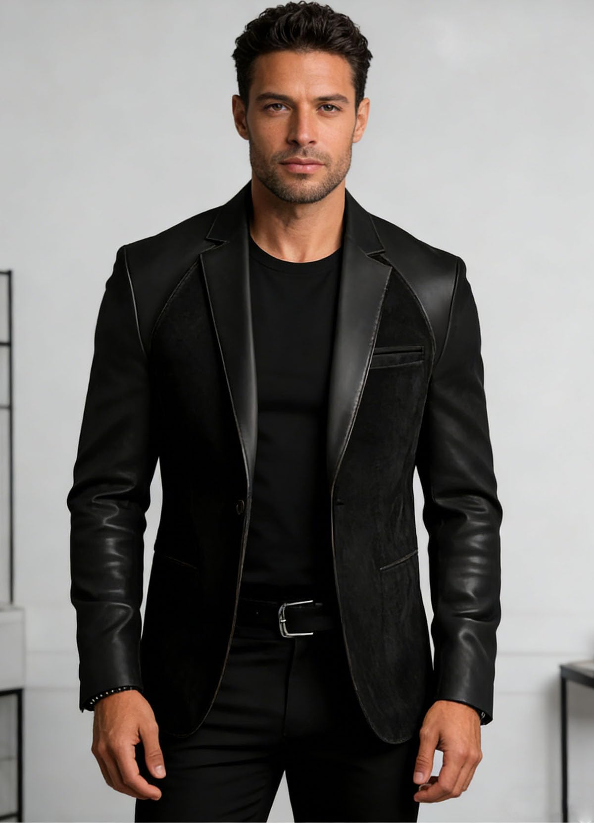 Men's Suede Suit Coat PU Splicing Leather Lapel Single Breasted Tuxedos Blazer Party Jacket Brown M