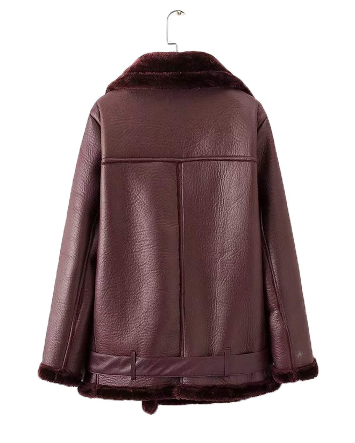 LY VAREY LIN Women's Faux Shearing Moto Jacket Thick Lined Parka Winter Shearling Coat Leather Jacket (XL, Wine Red)