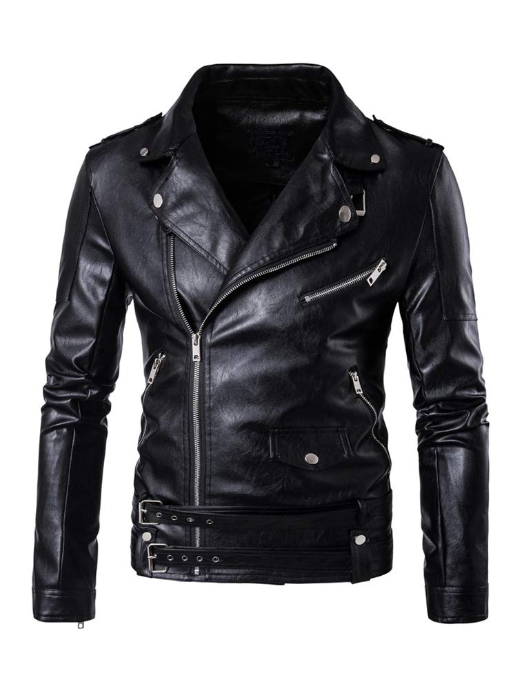 Lavnis Men's PU Leather Jacket Causal Belted Faux Leather Motorcycle Jacket Zipper Biker Coat Black M