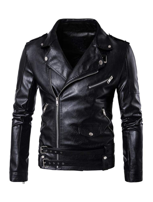 Lavnis Men's PU Leather Jacket Causal Belted Faux Leather Motorcycle Jacket Zipper Biker Coat Black M