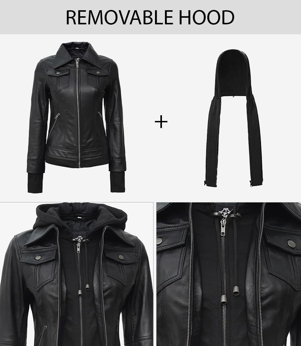 fjackets Leather Jackets For Women - Removable Hood Real Lambskin Leather Jacket Women - Betty Black Hooded Jacket | [1309193] M