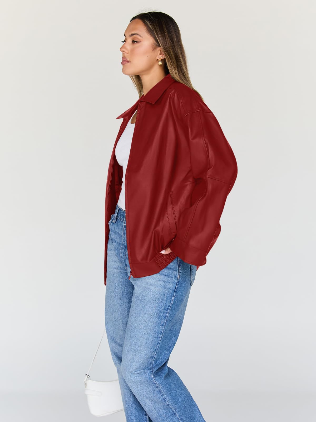 Trendy Queen Womens Leather Jacket, Oversized Spring Going Out & Everyday Statement Piece, Bomber Jackets Fall Moto Coat Red M
