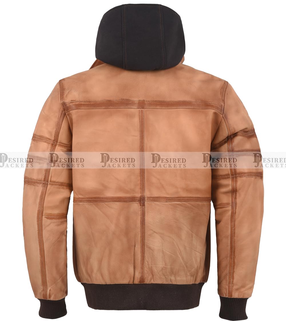 Mens Genuine Black Hooded Bomber Leather Jacket Real Lambskin Waxed Beige Leather Jackets for Men with Removable Hood (US, Alpha, Medium, Regular, Regular, Beige)
