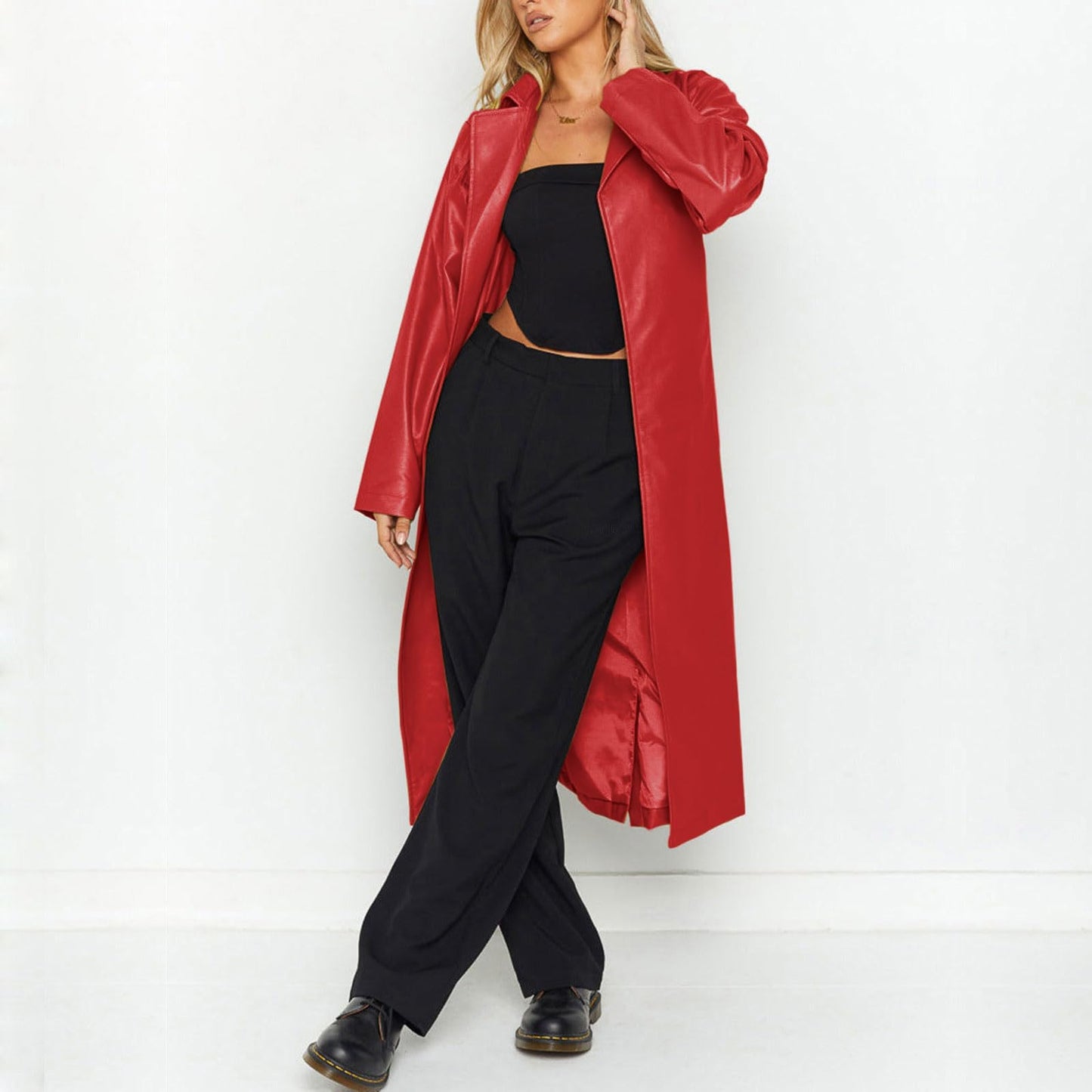 chouyatou Women's Casual Lapel Open Front Pu Faux Leather Long Trench Coat with Belt (Medium, Red)