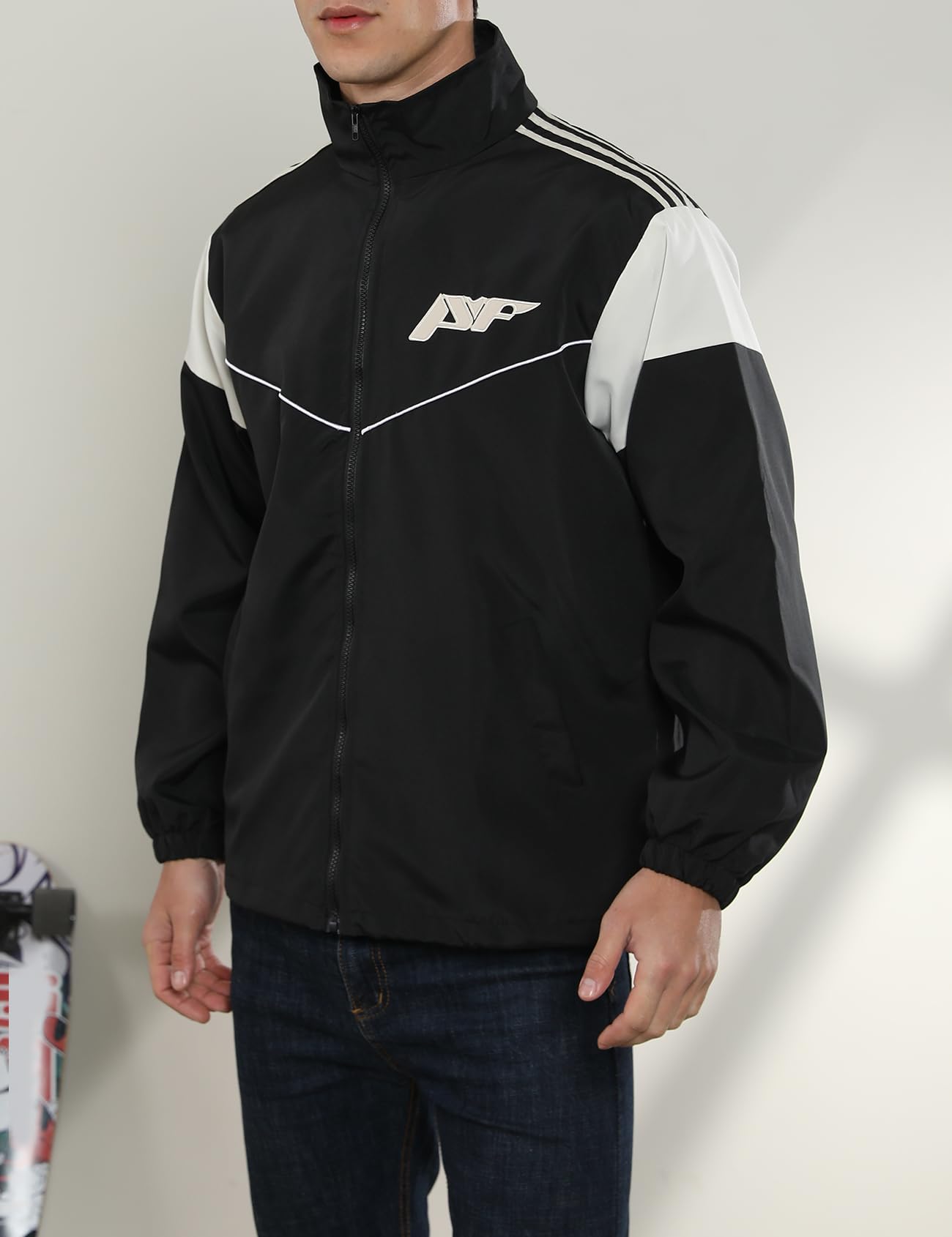 Yimoon Men's Lightweight Windbreaker Jacket Casual Zip Up Outdoor Varsity Jacket Patchwork Vintage Y2K Outerwear(Black-M)