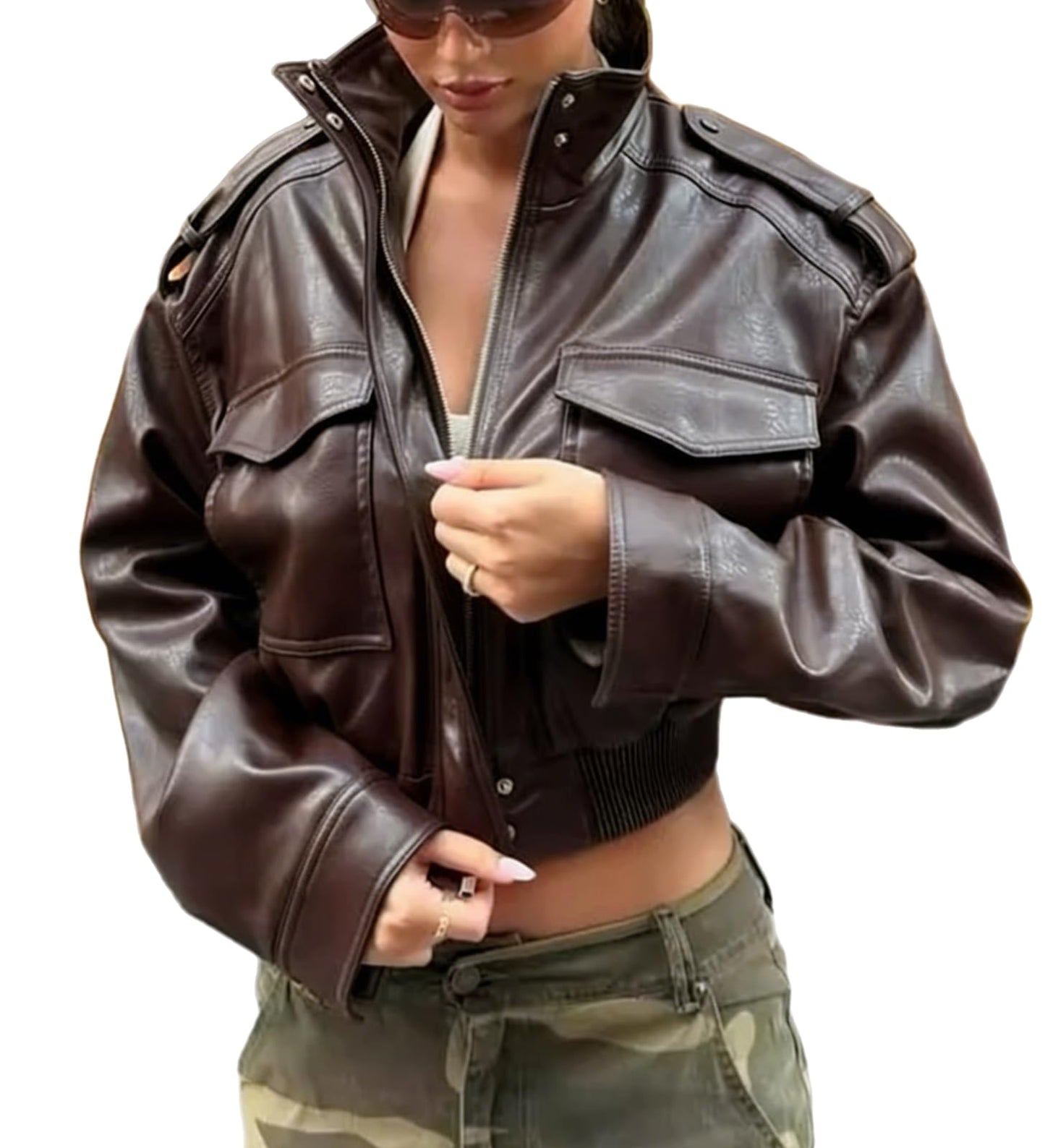 RISCUYY Brown Leather Jacket Women Stand Collar Zip Up Cropped Leather Jacket Women Trendy 2026