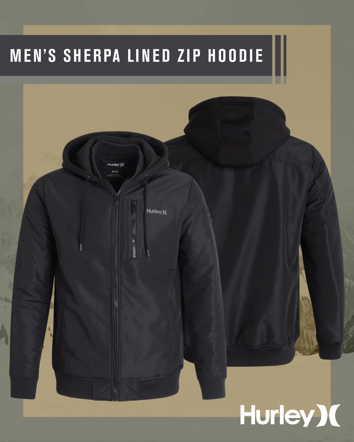 Hurley Mens Bomber Jacket - Soft Cozy Sherpa Lined Weather Resistant Casual Hooded Fleece Jacket for Men (Sizes: S-XL), Size Medium, Black
