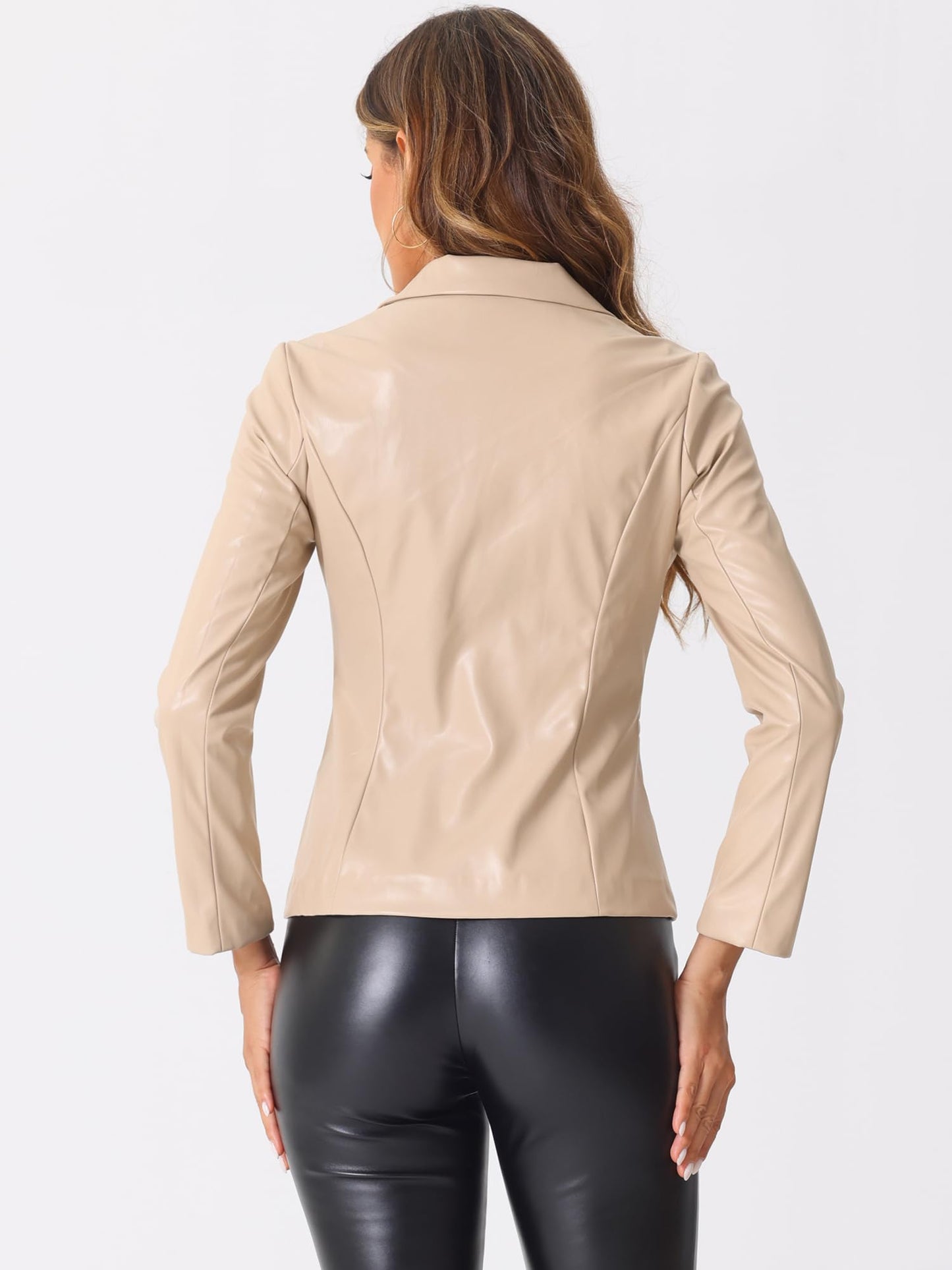 Allegra K Women's Faux Leather Blazer Slim Fit Casual Office Button Down Long Sleeve Jacket X-Small Beige