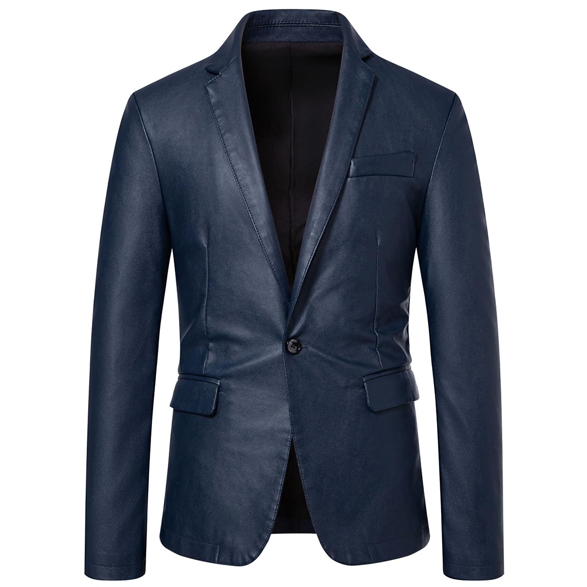 Womleys Men's Casual Notched Collar One Button Faux Leather Blazer Suit Jacket Sport Coats (Large, Blue)