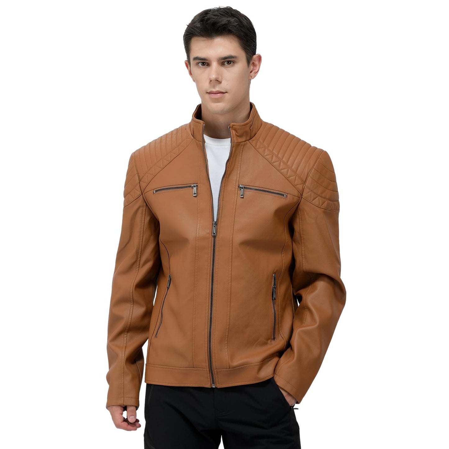 LEDUNTINO Men's Leather Jacket, Stand Collar PU Faux Leather, Zip-Up Motorcycle Bomber Jacket, Slim Fit Biker Coat Brown Large