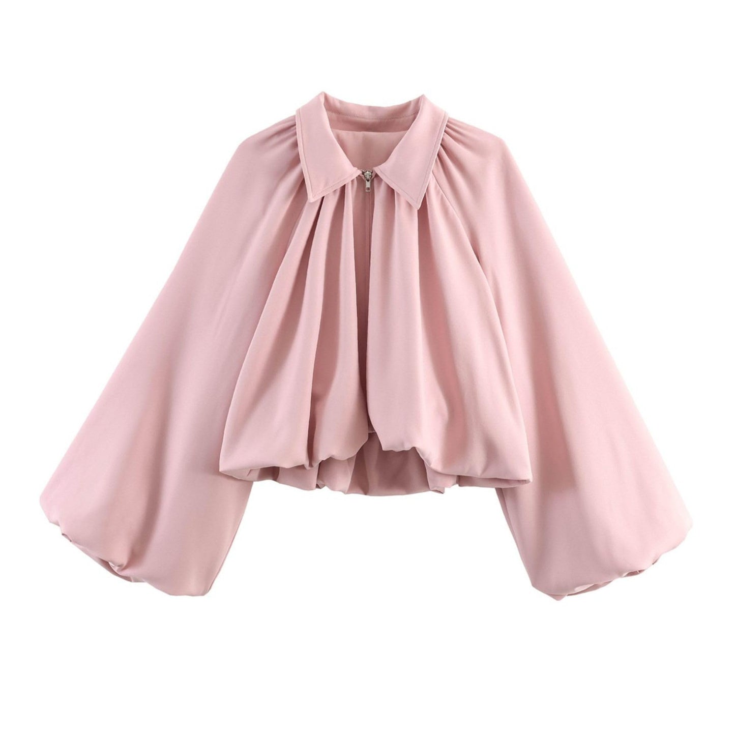 Xunger Women’s Puff Sleeve Bomber Jacket Casual Lapel Collar Full Zip Loose Fit Fashion Spring Fall Crop Pleated Shirts(1129-Pink-M-RD)