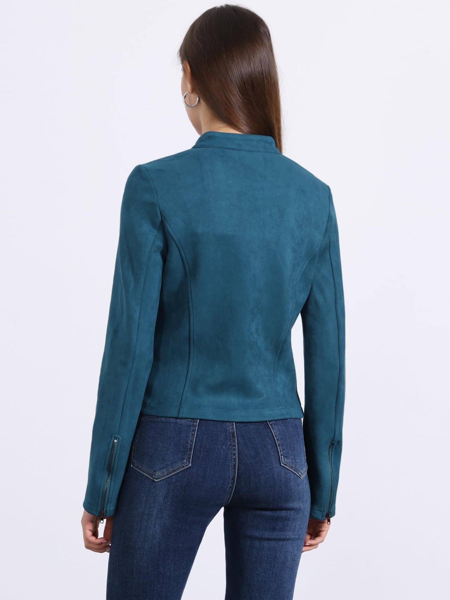 Allegra K Women's Faux Suede Jacket Stand Collar Zip Up Long Sleeve Motorcycle Biker Coat X-Large Peacock Blue