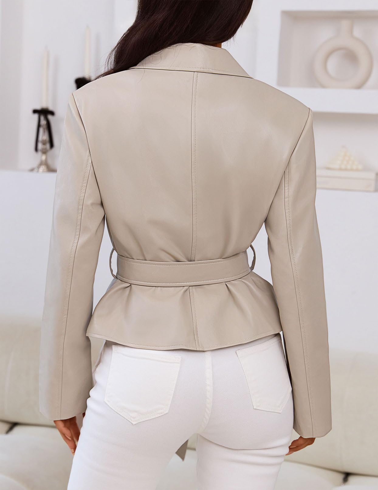 MEROKEETY Women's Fall Fashion 2025 Leather Jacket Casual Belt Button Down Blazer Trendy Coat Outerwear, Apricot, Medium