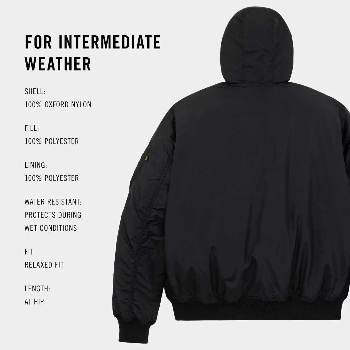 Alpha Industries MA-1 Hooded Oxford Flight Jacket for Men – Bomber Lightweight Nylon Shell – Utility Sleeve Pocket – Rib-Knit Trim – Fleece Hood – Zipper Closure – Military Jacket, Black XL