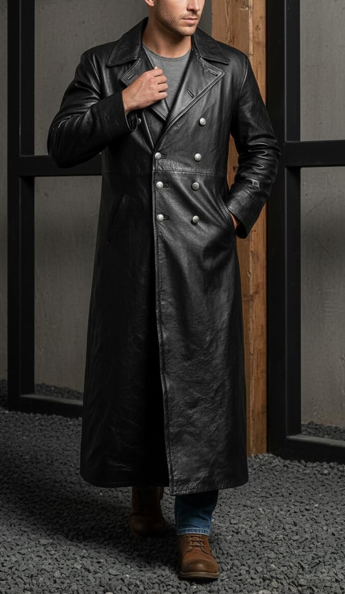 UGFashions Mens Genuine Leather German Military Officer Trench Coat