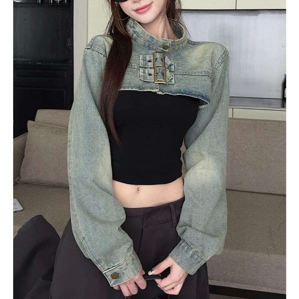 Xojbzoo Women's Y2K Belted Black Motorcycle Jacket Pleated Long Sleeve Super Short Coat Trendy Summer Fashion (US, Alpha, Small, Regular, Regular, Blue)