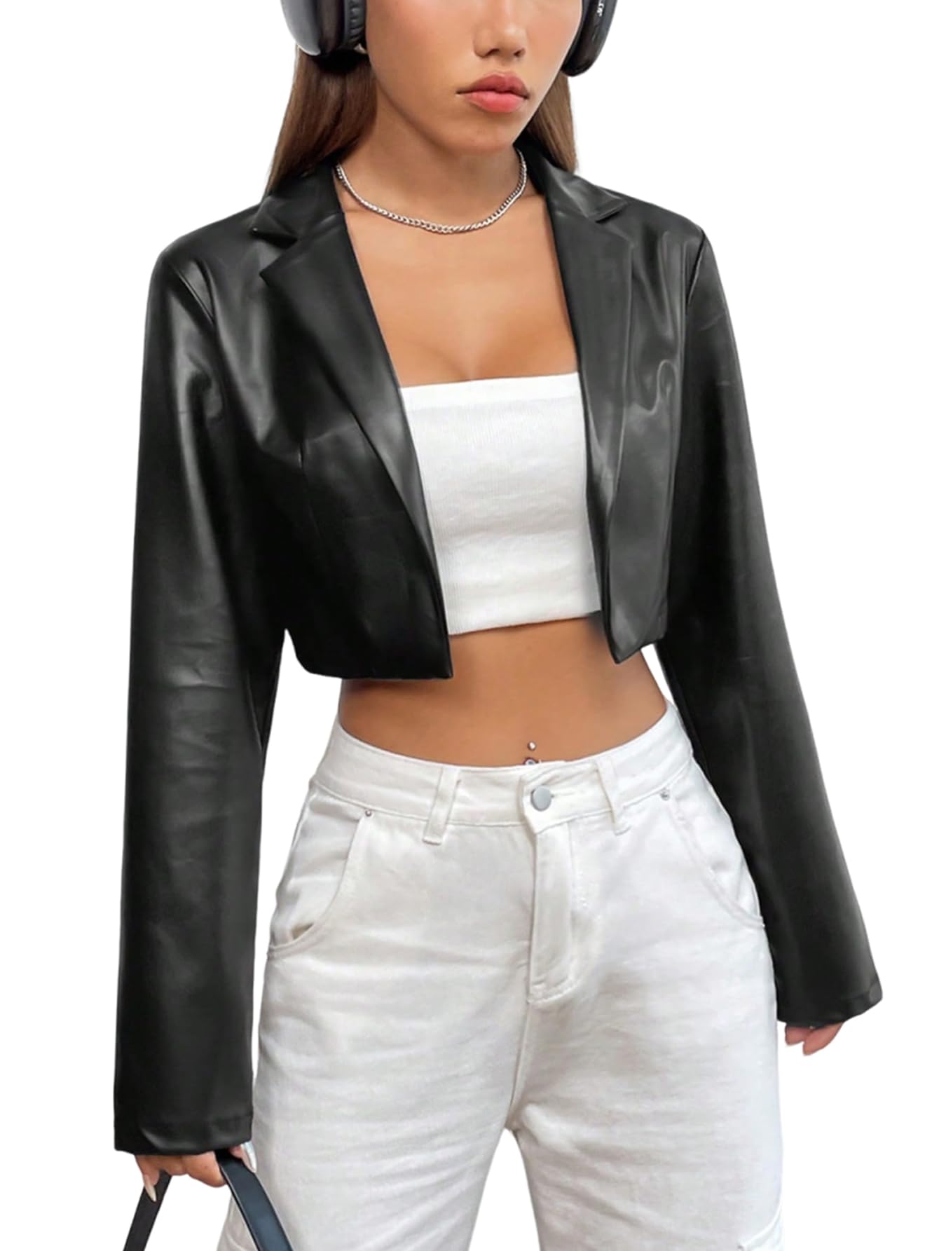GORGLITTER Women's Cropped Faux Leather Jacket Y2k Long Sleeve Open Front Cardigan Bomber Moto Biker Jackets Rave Outfits Black Medium