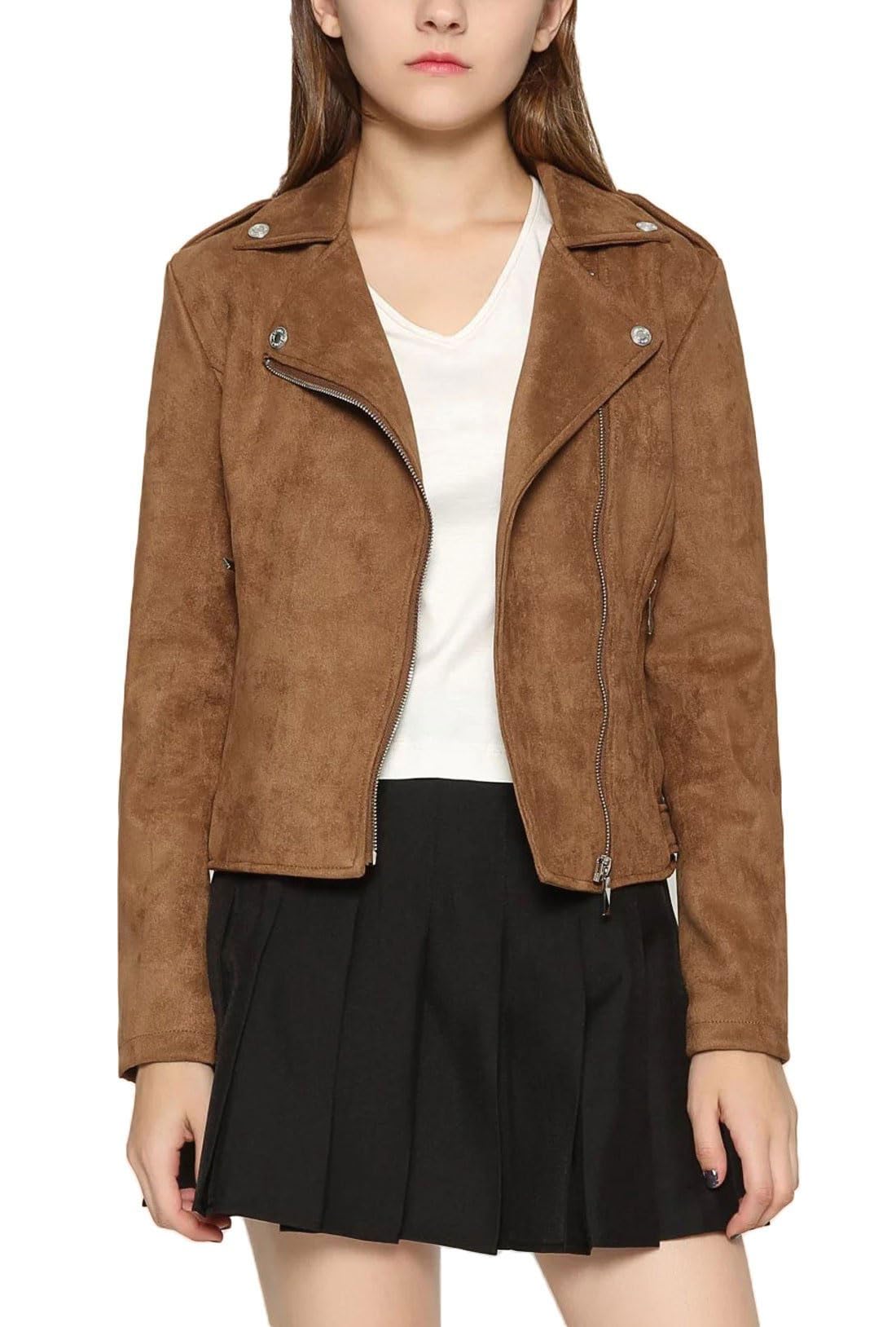 CHARTOU Women's Fall 2023 Fashion Faux Suede Leather Casual Moto Biker Jacket Coats (Small, Coffee)
