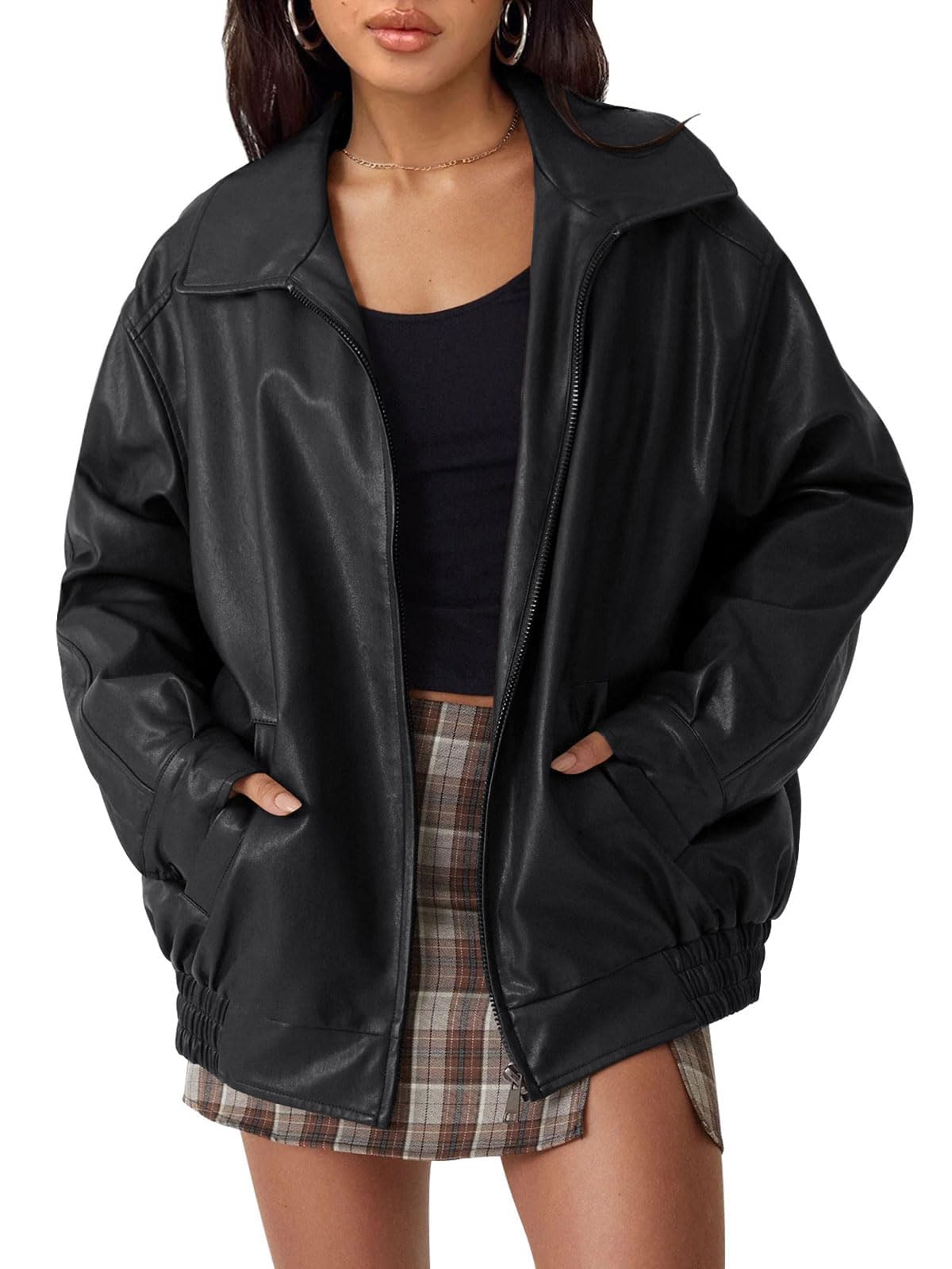 hathne Women's Oversized Leather Jackets Faux Zip Up Fall Fashion Motorcycle Jackets Coats Winter Clothes(Black,XXL)