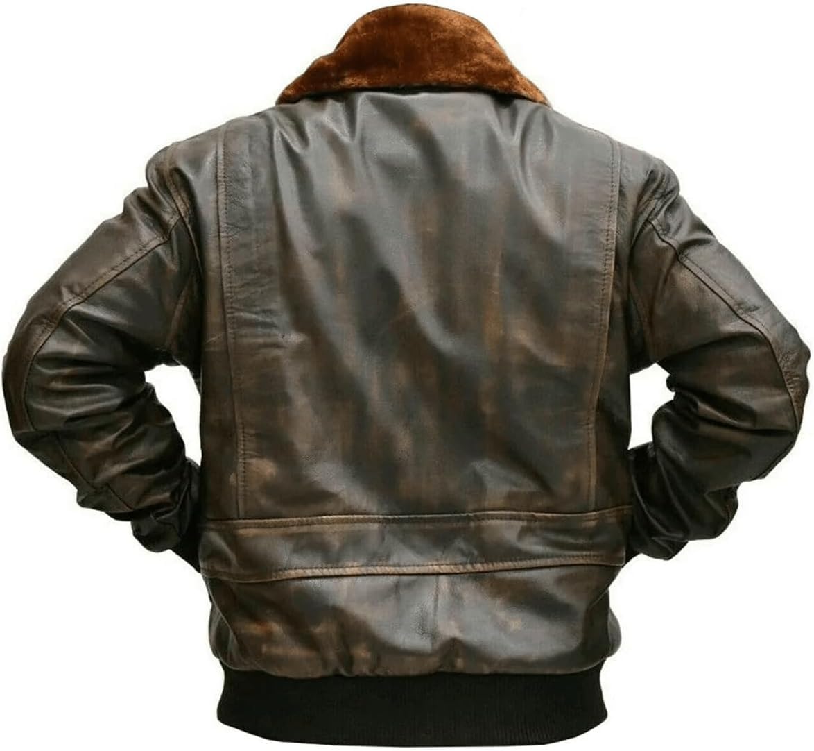 Mens G-1 Fur Collar US Navy Flight Distressed Brown Aviator Genuine Leather Jacket (L, Brown Real Leather Jacket)