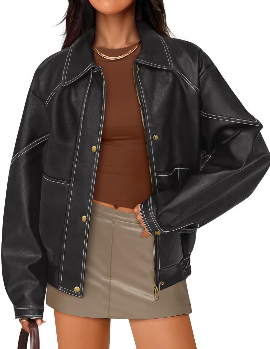 ZESICA Women's Faux Leather Jacket Oversized Zipper Motorcycle Coats 2026 Spring Fashion Trendy Clothes Outfits Black Small