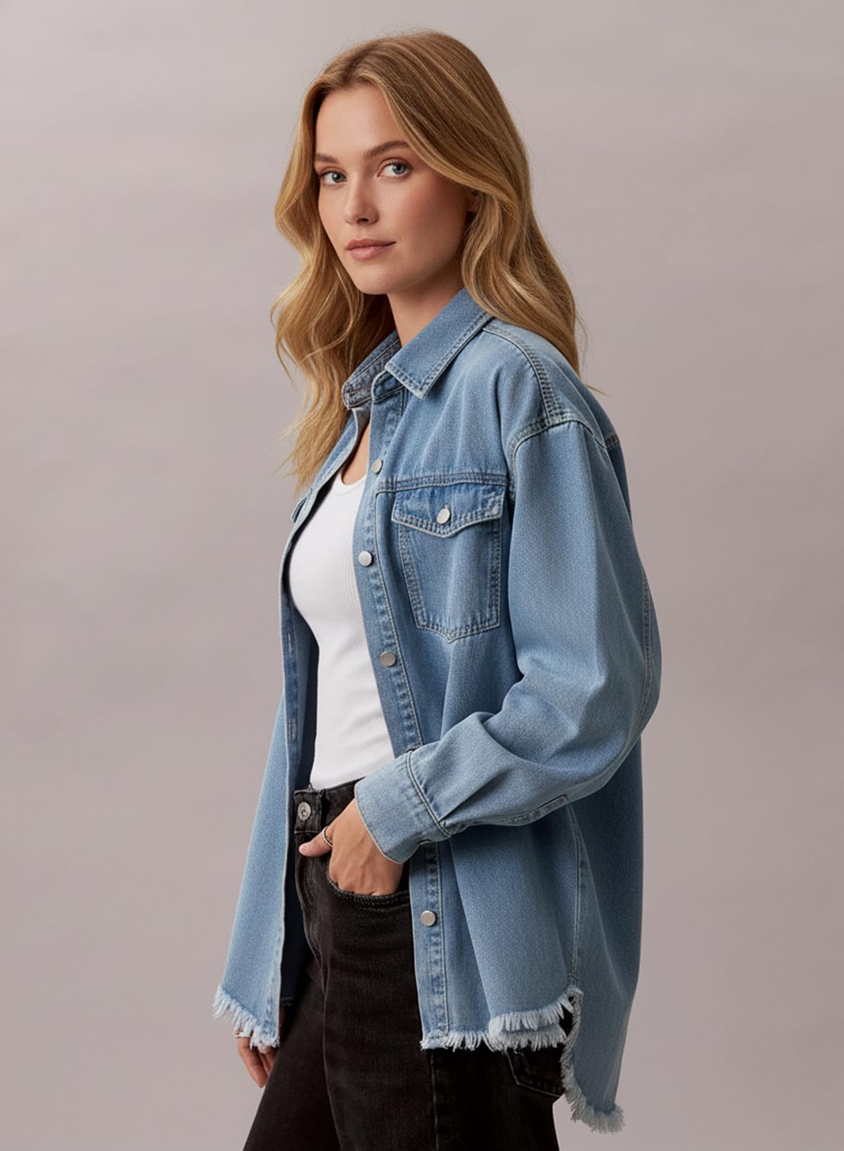 Dokotoo Jean Jacket Women Spring Summer Fall Country Concert Outfits Casual Long Sleeve Denim Shirt Distressed Boyfriend Denim Jacket Shackets Western Jean Jacket Womens Clothing Sky Blue Jackets L