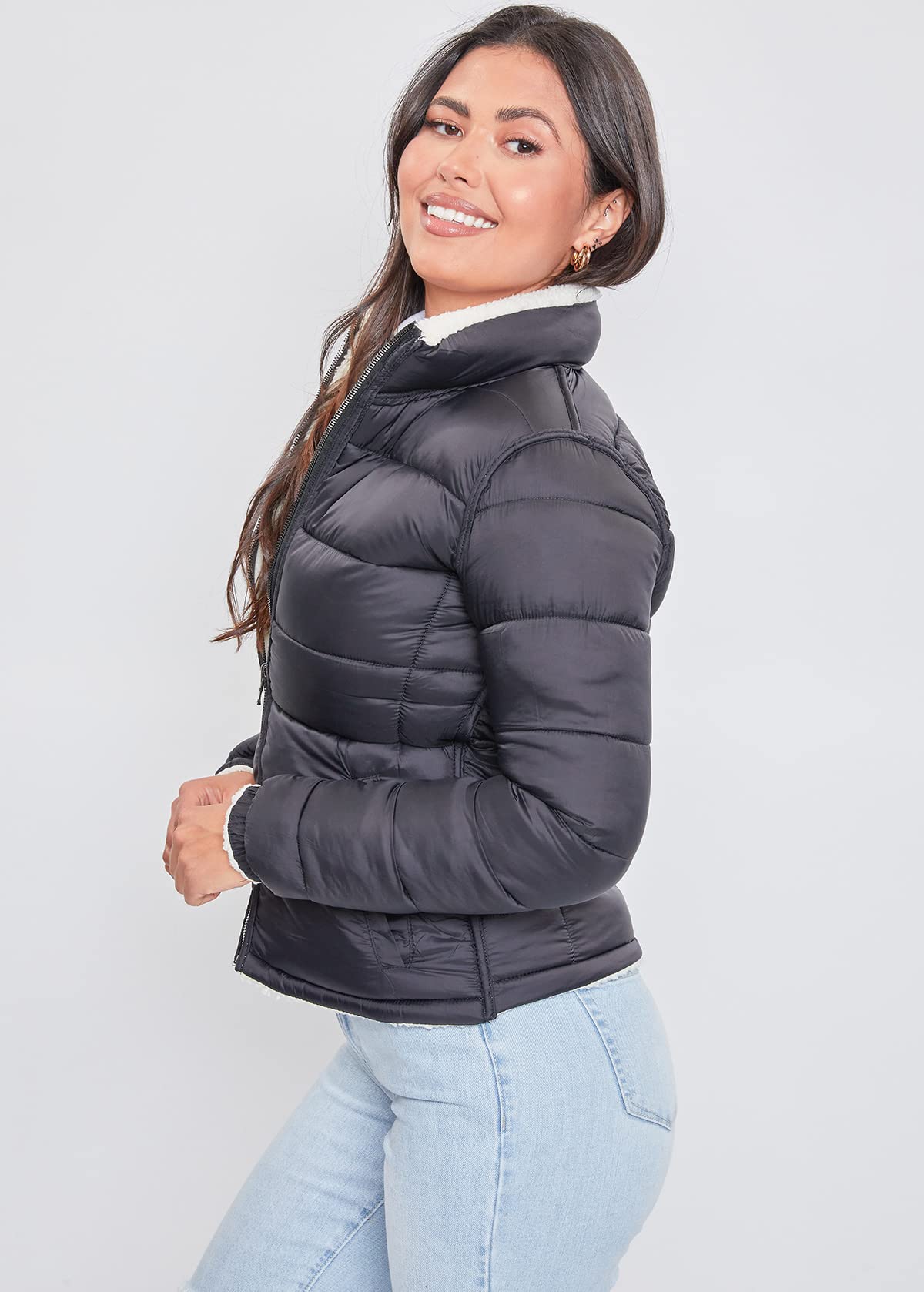 YMI Womens Junior Faux Leather Sherpa Lined Jacket, Ivobl, Small US