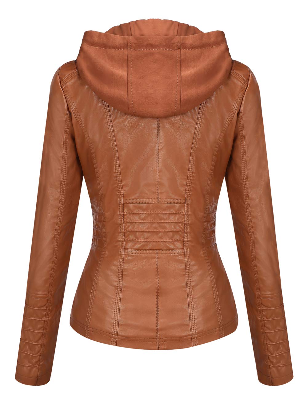 Springrain Women's Faux Leather Jacket Moto Biker Coat with Detachable Hood Motorcycle Jacket (Large, Brown)