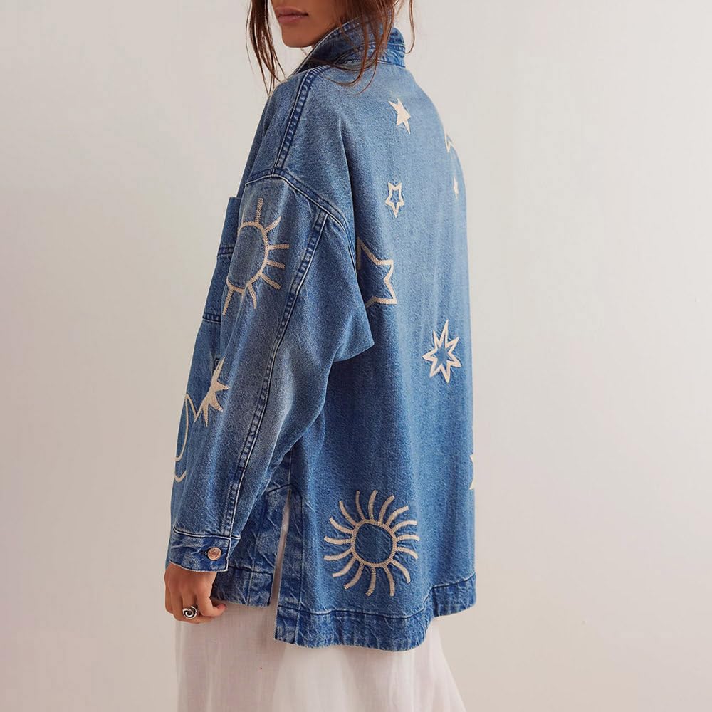 utcoco Women's Vintage Oversized Denim Jacket Embroidered Graphic Casual Loose Fit Button Down Jean Jacket (X-Large, Blue Embroidery)