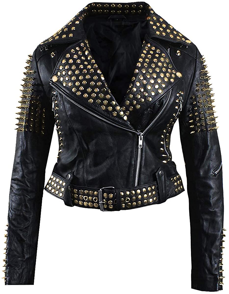 SpazeUp Women’s Black Studded Leather Jacket Gold Spike Punk Biker Jacket