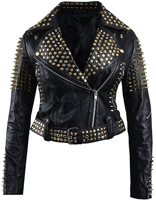 SpazeUp Women’s Black Studded Leather Jacket Gold Spike Punk Biker Jacket