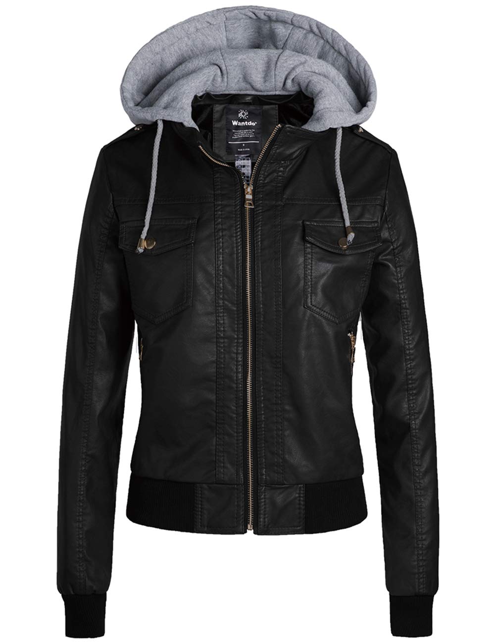 wantdo Women's Zipped Moto Faux Leather Jacket Casual Short Coat Outwear Black L