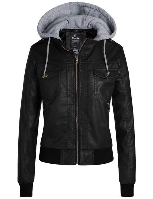 wantdo Women's Zipped Moto Faux Leather Jacket Casual Short Coat Outwear Black L