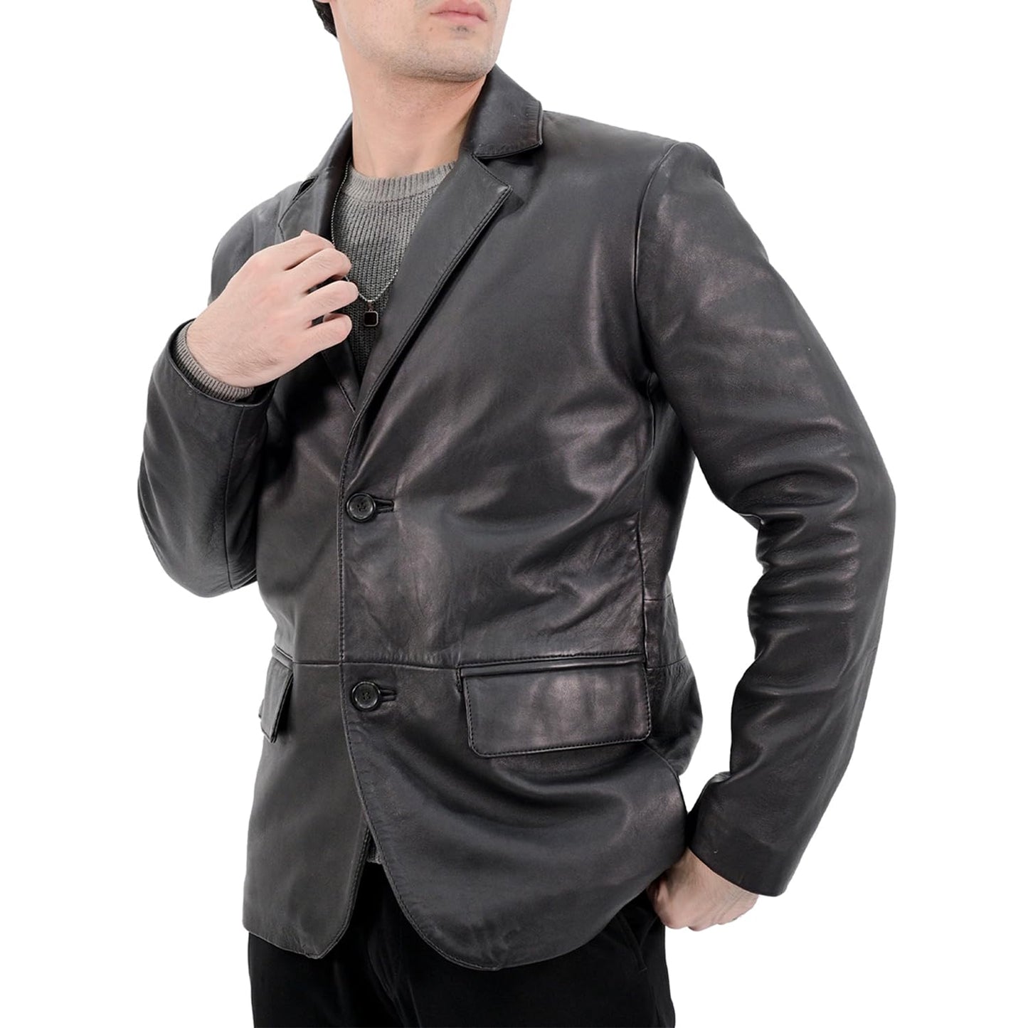 Rauly Real Lambskin Leather Blazer Men Notched Collar Button Closure Front Casual Mens Leather Coat