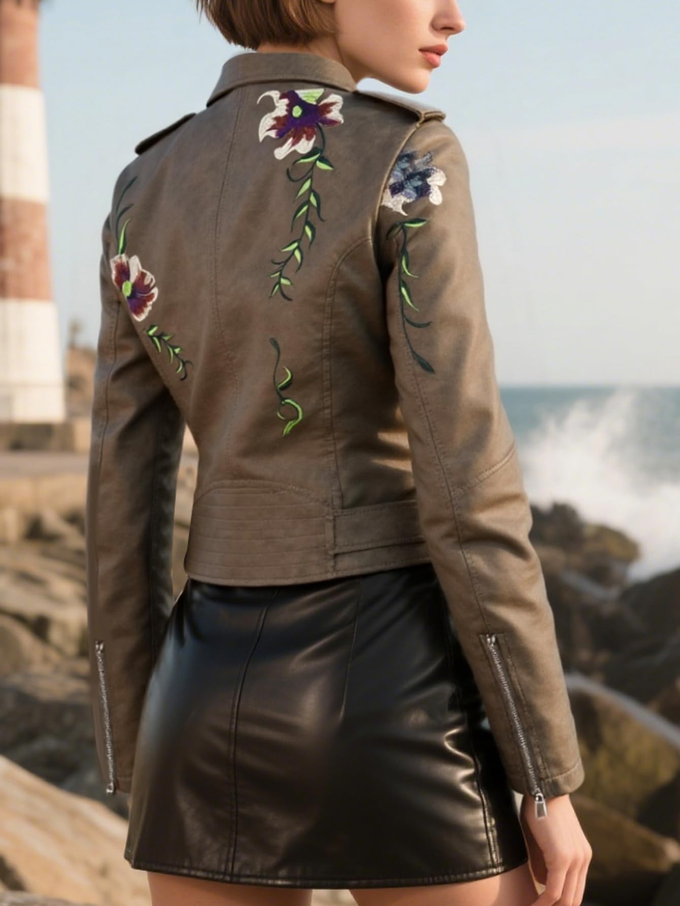 Bellivera Women's Faux Leather Jacket Floral Lightweight Moto Coat Brown XXL
