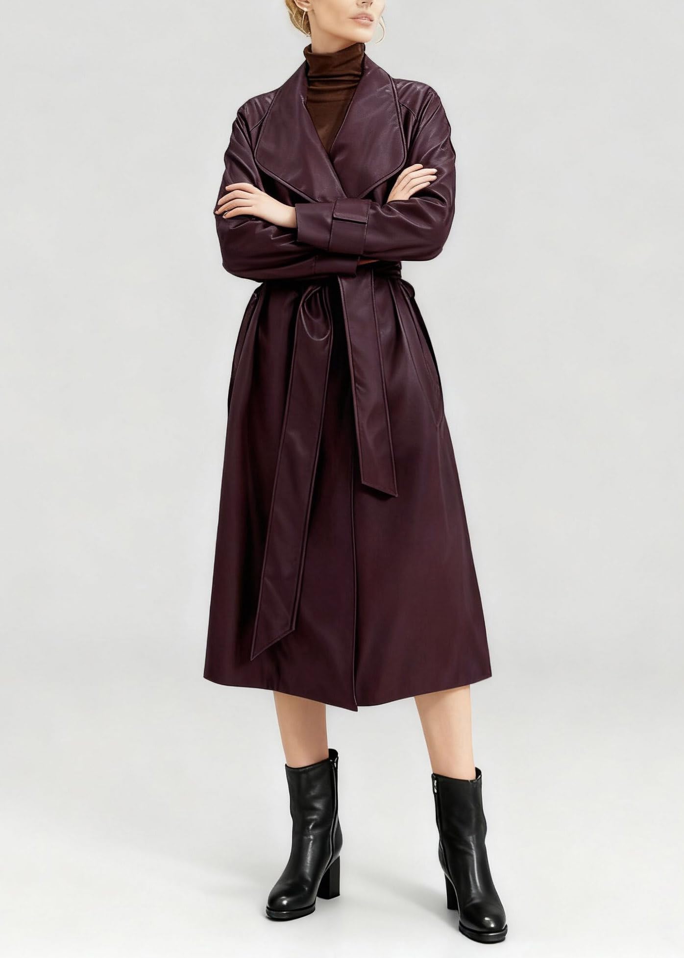 utcoco Womens Faux Leather Classic Lapel Trench Coat Long Leather Blazer Jackets Open Front with Belt (Small, Wine)
