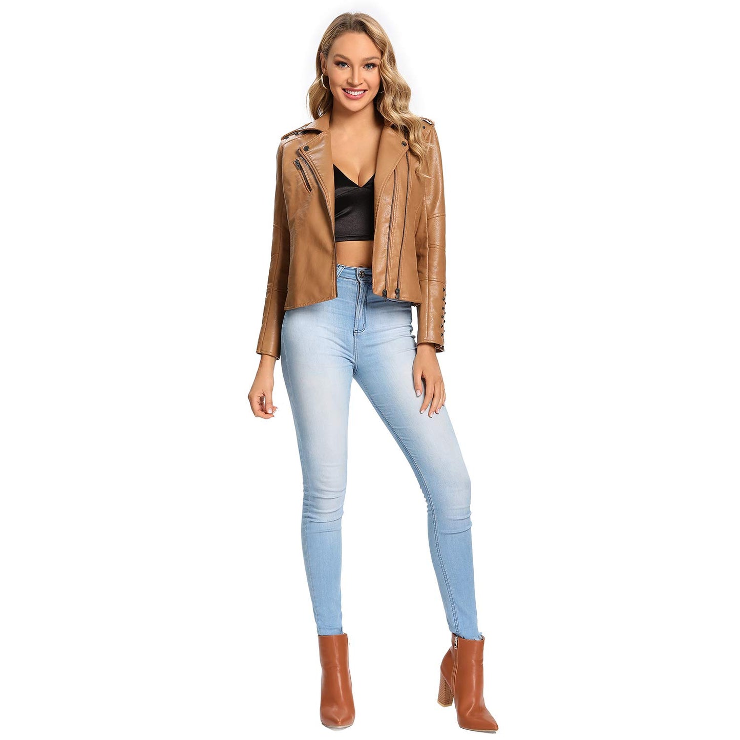 S P Y M Womens Faux Leather Jacket, Double Zip Up Coat, Moto Biker Outwear with Rivets, Regular and Plus Size