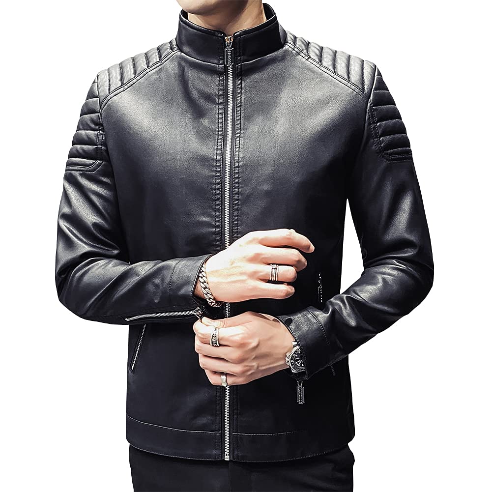 Womleys Mens Casual Stand Collar Slim Fit Faux Leather Jacket Biker Motorcycle Jacket (X-Black, Large)