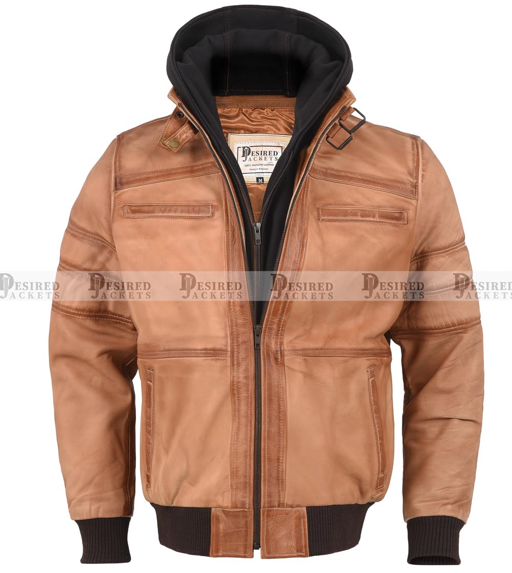 Mens Genuine Black Hooded Bomber Leather Jacket Real Lambskin Waxed Beige Leather Jackets for Men with Removable Hood (US, Alpha, Medium, Regular, Regular, Beige)