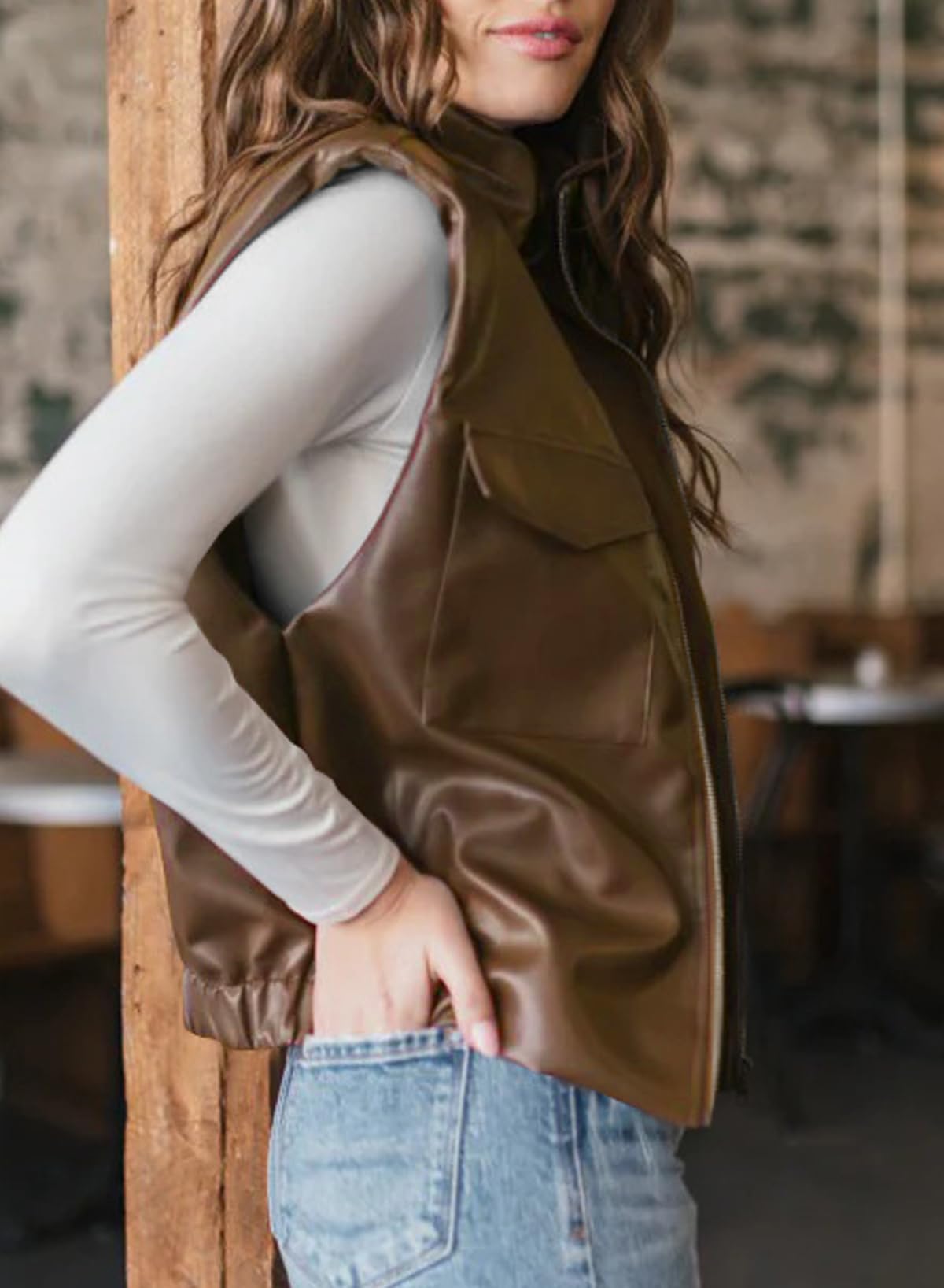 EVALESS Womens Leather Vest Fall Outfits Fashion 2025 Sleeveless Faux Leather Jacket Zip Up Stand Neck Leather Vest Top Solid Casual Clothing Coats Coffee Large