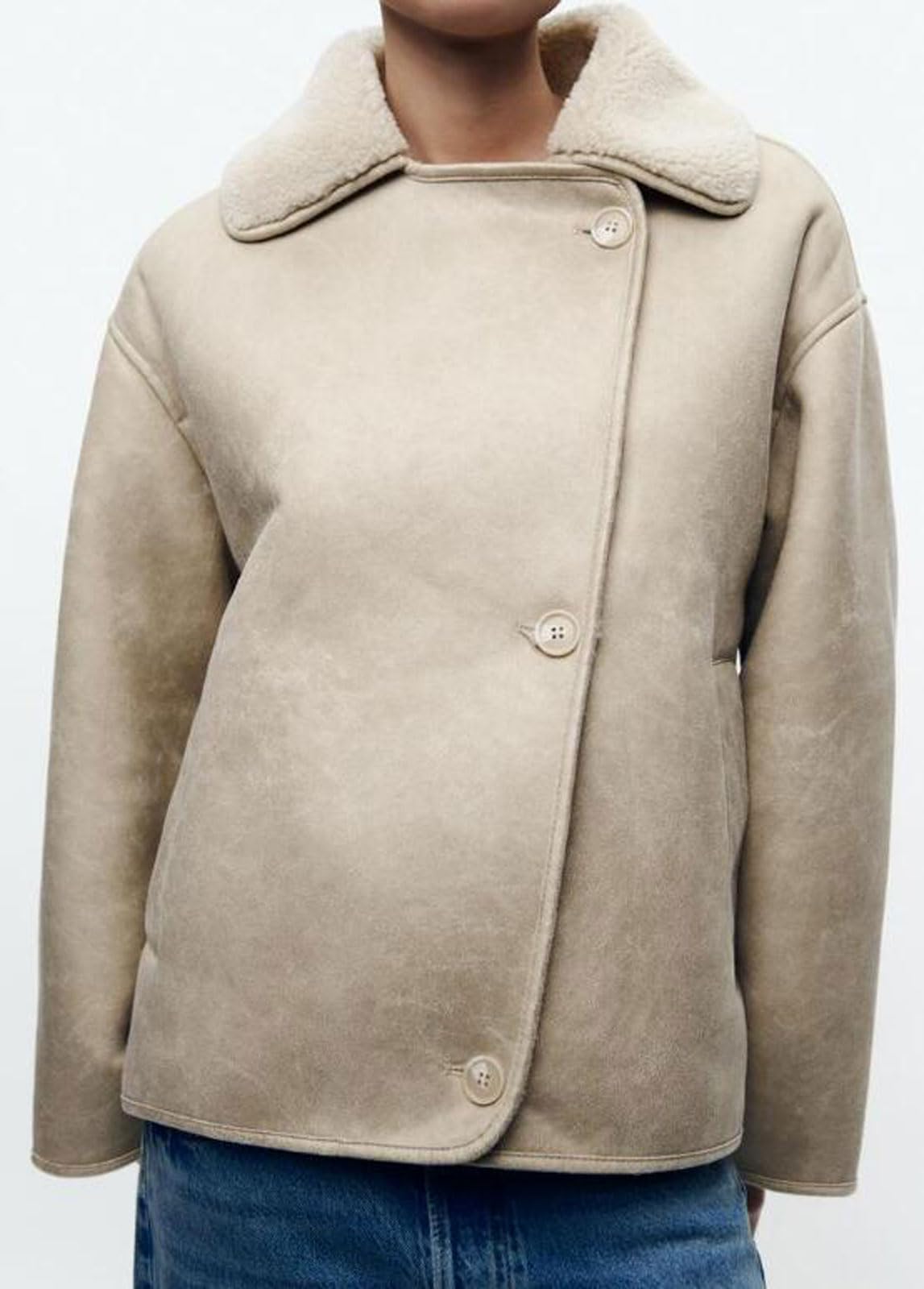 loveimgs Women Thicken Sherpa Lined Faux Suede Jacket Oversized Leather Coat Shearling Fleece Moto Jacket Biker Winter Overcoat (Medium, Beige)