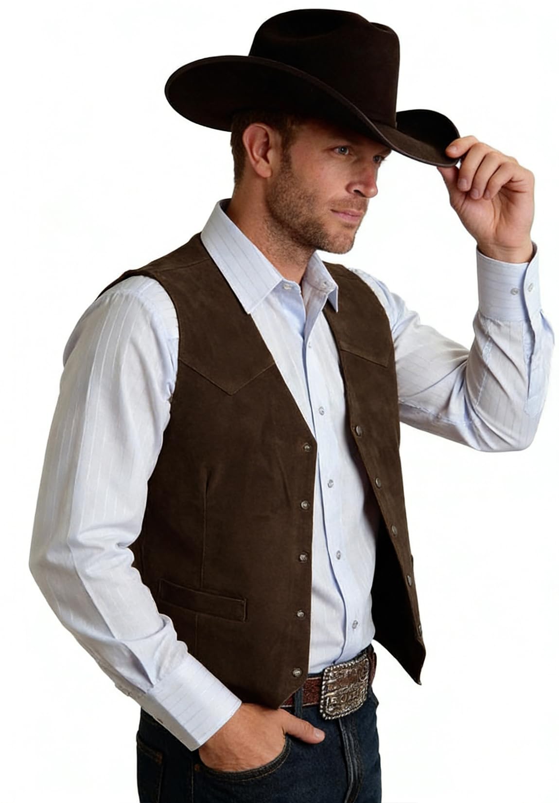 JULUOYIE Men's Suede Leather Vest Vintage Cowboy Waistcoats Wedding Slim Fit Sleeveless Jacket Brown