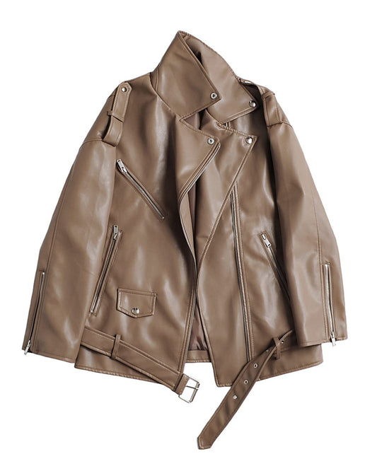 LY VAREY LIN Women Faux Leather Jacket Lapel Collar Motorcycle Zip Up Long Sleeve Motor Biker Short Coat Jacket