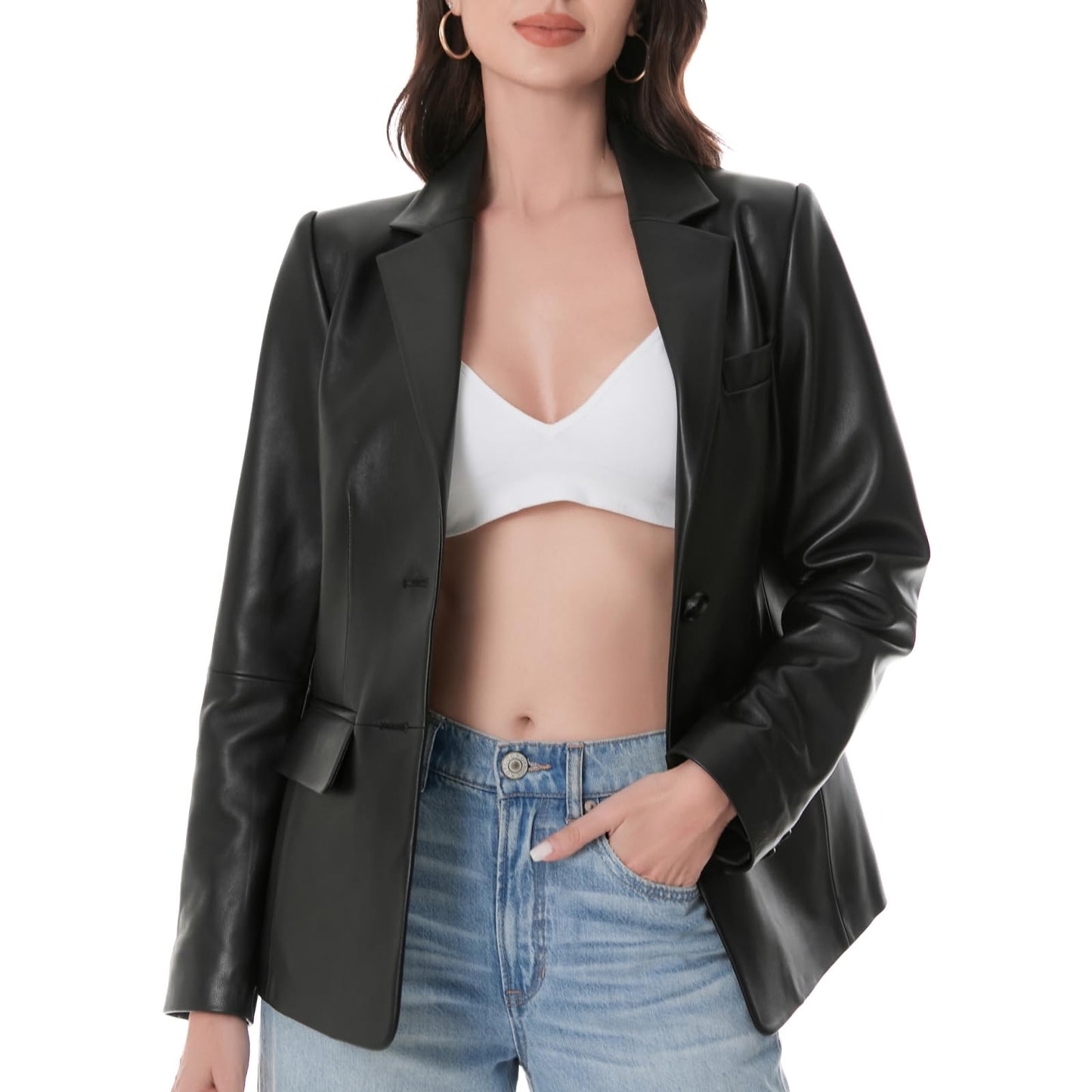 SILVER FASHIONS Lambskin Leather Jacket Women,Long Sleeve Button Front Leather Blazer,Notched Lapel Casual Style,Vent Detail (X-Large,Black)