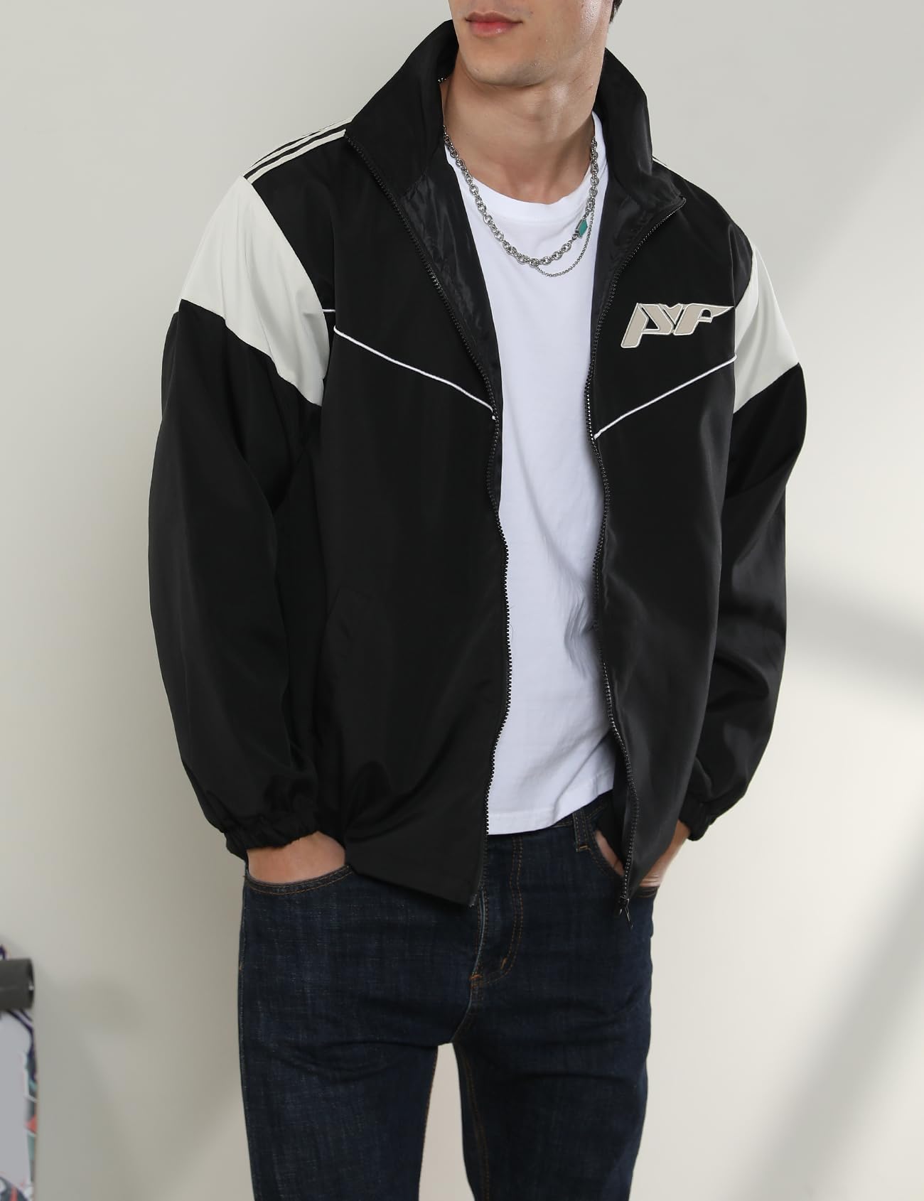 Yimoon Men's Lightweight Windbreaker Jacket Casual Zip Up Outdoor Varsity Jacket Patchwork Vintage Y2K Outerwear(Black-M)